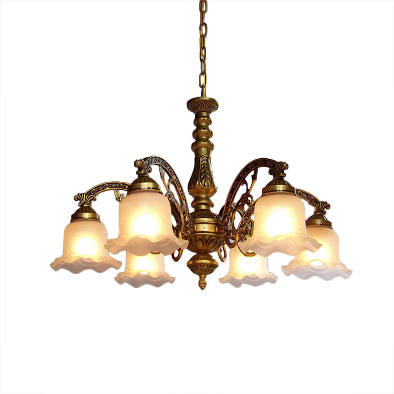 3/6 Bulb Ceiling Lamp with Scalloped Shade Frosted Textured Glass Traditional Dining Room Chandelier in Brass Clearhalo 'Ceiling Lights' 'Chandeliers' 'Glass shade' 'Glass' Lighting' 335952