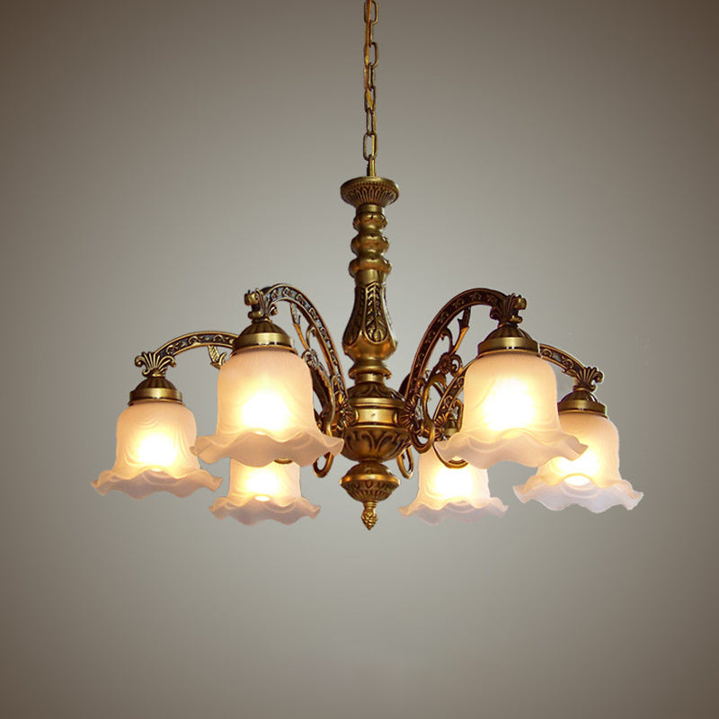 3/6 Bulb Ceiling Lamp with Scalloped Shade Frosted Textured Glass Traditional Dining Room Chandelier in Brass Clearhalo 'Ceiling Lights' 'Chandeliers' 'Glass shade' 'Glass' Lighting' 335953