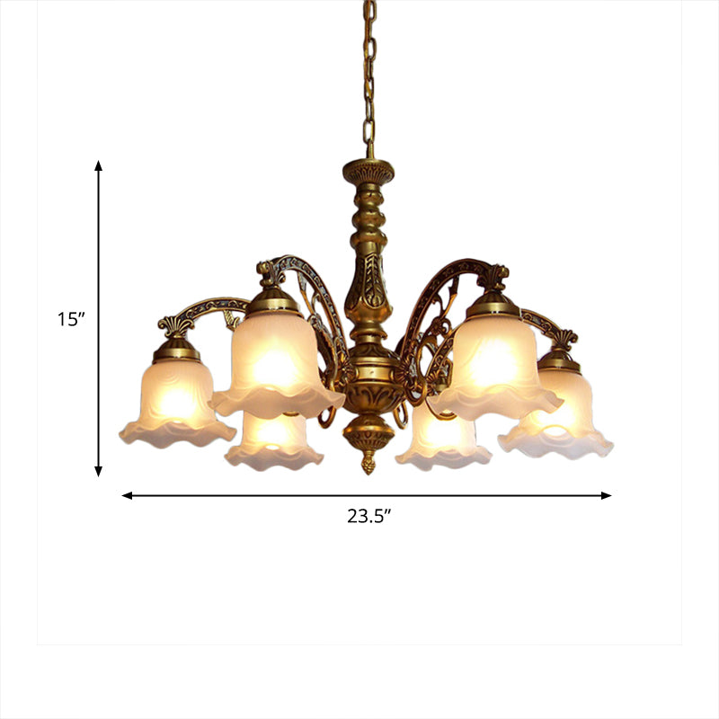3/6 Bulb Ceiling Lamp with Scalloped Shade Frosted Textured Glass Traditional Dining Room Chandelier in Brass Clearhalo 'Ceiling Lights' 'Chandeliers' 'Glass shade' 'Glass' Lighting' 335954