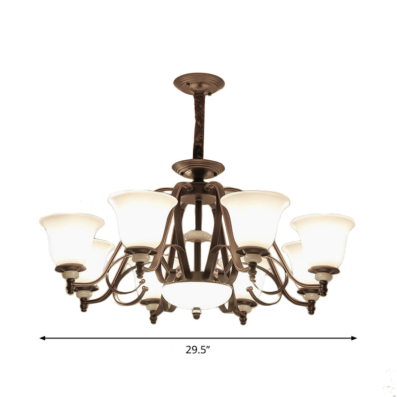 Dark Coffee Bell Shade Chandelier Lamp Traditional White Glass 3/6/8 Light Living Room Hanging Light Clearhalo 'Ceiling Lights' 'Chandeliers' 'Glass shade' 'Glass' Lighting' 335959