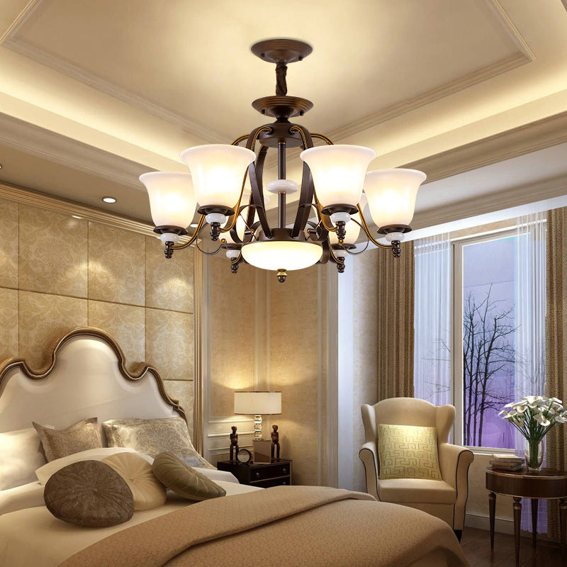 Dark Coffee Bell Shade Chandelier Lamp Traditional White Glass 3/6/8 Light Living Room Hanging Light 6 Dark Coffee Clearhalo 'Ceiling Lights' 'Chandeliers' 'Glass shade' 'Glass' Lighting' 335960
