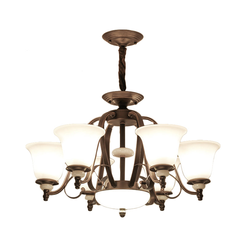 Dark Coffee Bell Shade Chandelier Lamp Traditional White Glass 3/6/8 Light Living Room Hanging Light Clearhalo 'Ceiling Lights' 'Chandeliers' 'Glass shade' 'Glass' Lighting' 335961