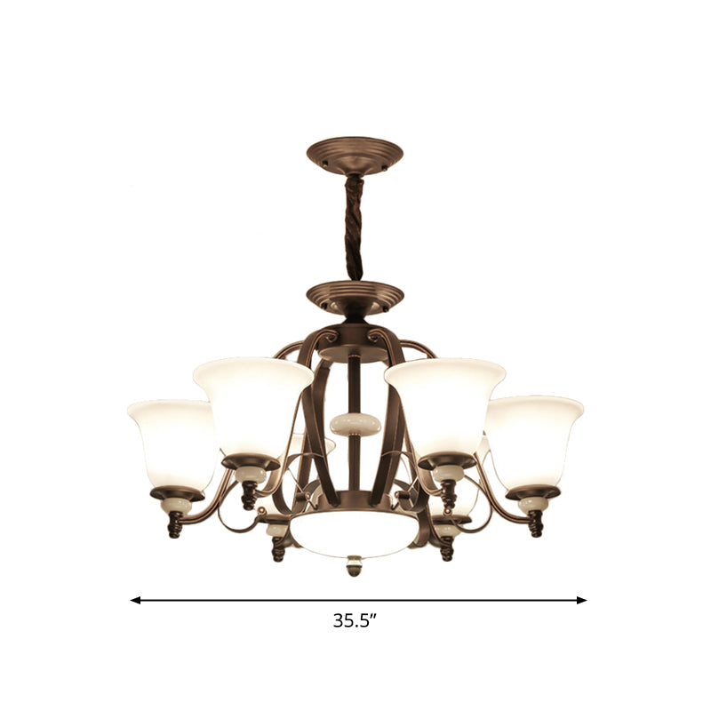 Dark Coffee Bell Shade Chandelier Lamp Traditional White Glass 3/6/8 Light Living Room Hanging Light Clearhalo 'Ceiling Lights' 'Chandeliers' 'Glass shade' 'Glass' Lighting' 335963