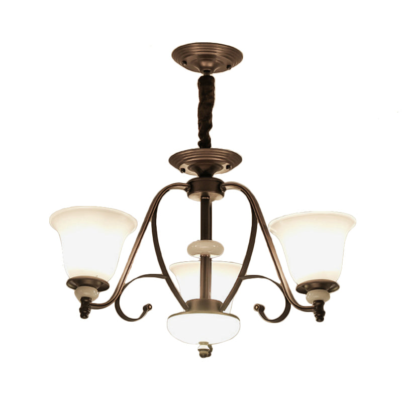 Dark Coffee Bell Shade Chandelier Lamp Traditional White Glass 3/6/8 Light Living Room Hanging Light Clearhalo 'Ceiling Lights' 'Chandeliers' 'Glass shade' 'Glass' Lighting' 335965