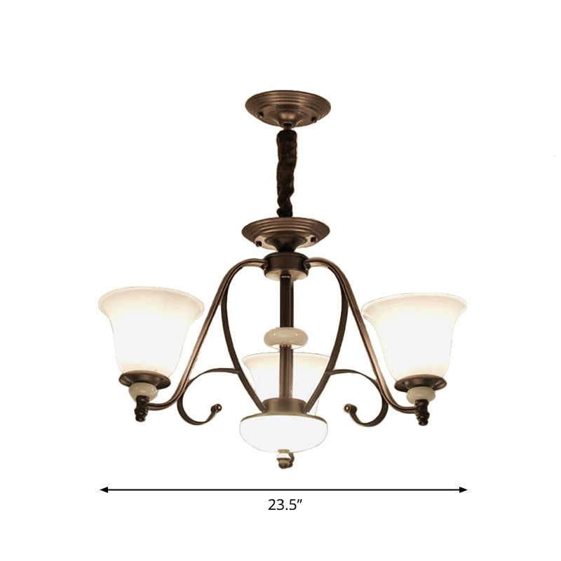 Dark Coffee Bell Shade Chandelier Lamp Traditional White Glass 3/6/8 Light Living Room Hanging Light Clearhalo 'Ceiling Lights' 'Chandeliers' 'Glass shade' 'Glass' Lighting' 335967