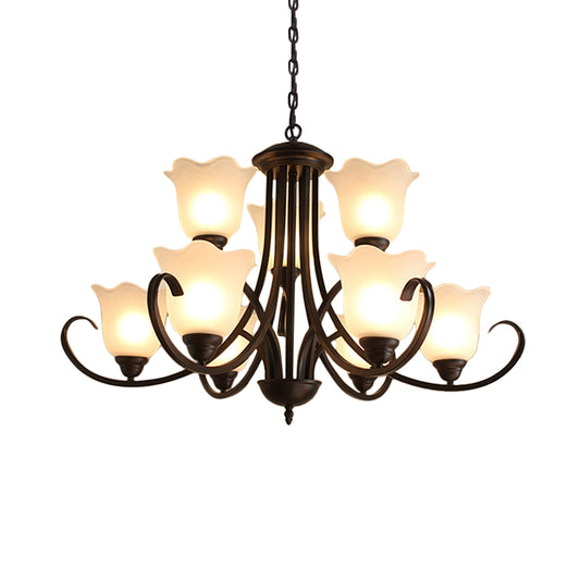 Opal Glass Black Pendant Lamp Flower Shape 9 Lights Classic Chandelier Light Fixture for Living Room Clearhalo 'Ceiling Lights' 'Chandeliers' Lighting' options 335983