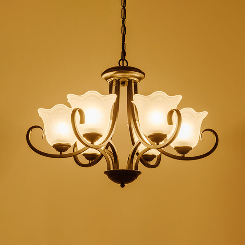 4/6/8 Bulbs Ceiling Lamp with Flared Shade Frosted Glass Traditional Bedroom Chandelier Pendant Light in Black Clearhalo 'Ceiling Lights' 'Chandeliers' Lighting' options 335988