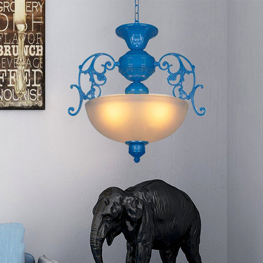 Blue Bowl Chandelier Lamp Classic Style Metal 3 Lights Living Room Hanging Light Clearhalo 'Ceiling Lights' 'Chandeliers' Lighting' options 335996