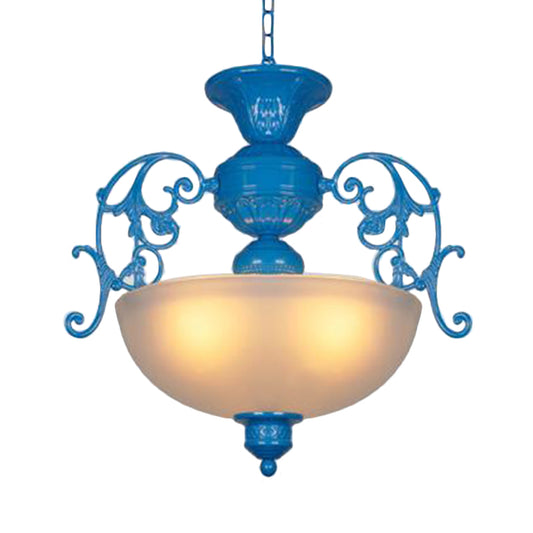 Blue Bowl Chandelier Lamp Classic Style Metal 3 Lights Living Room Hanging Light Clearhalo 'Ceiling Lights' 'Chandeliers' Lighting' options 336000