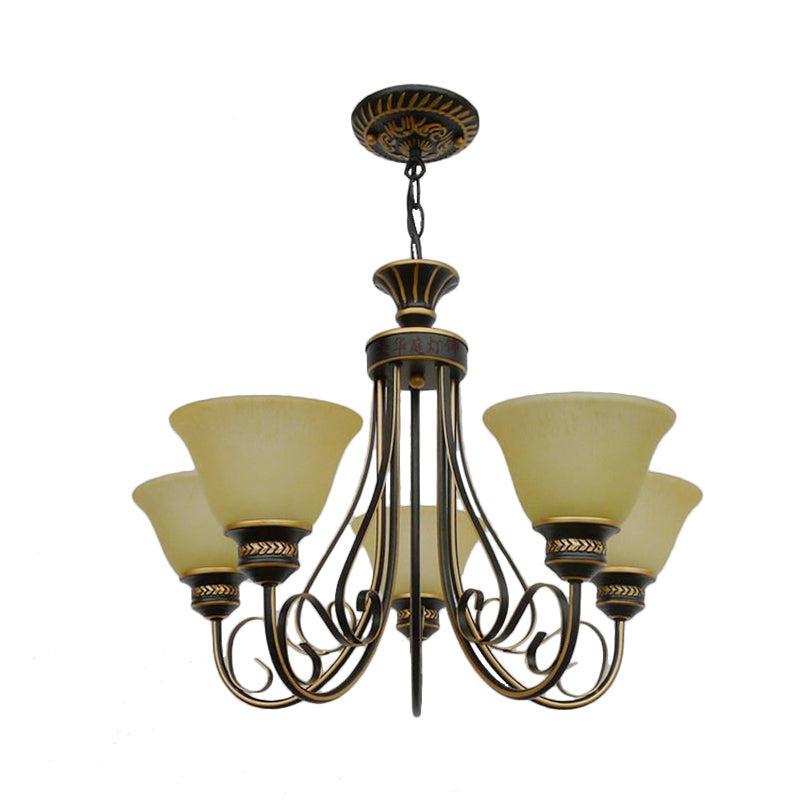 5 Lights Chandelier Light with Bell Shade Beige Frosted Glass Classic Bedroom Ceiling Lamp in Black Clearhalo 'Ceiling Lights' 'Chandeliers' Lighting' options 336021