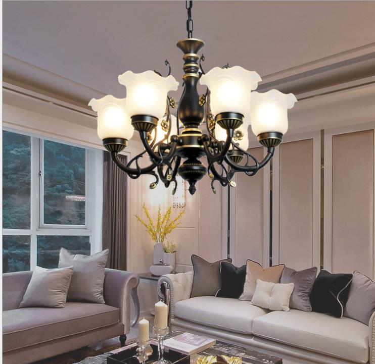 Frosted Textured Glass Flared Hanging Chandelier Traditional 3/5/6 Light Living Room Pendant Light in Black/White 6 Black Clearhalo 'Ceiling Lights' 'Chandeliers' 'Glass shade' 'Glass' 'Pendant Lights' Lighting' 336061