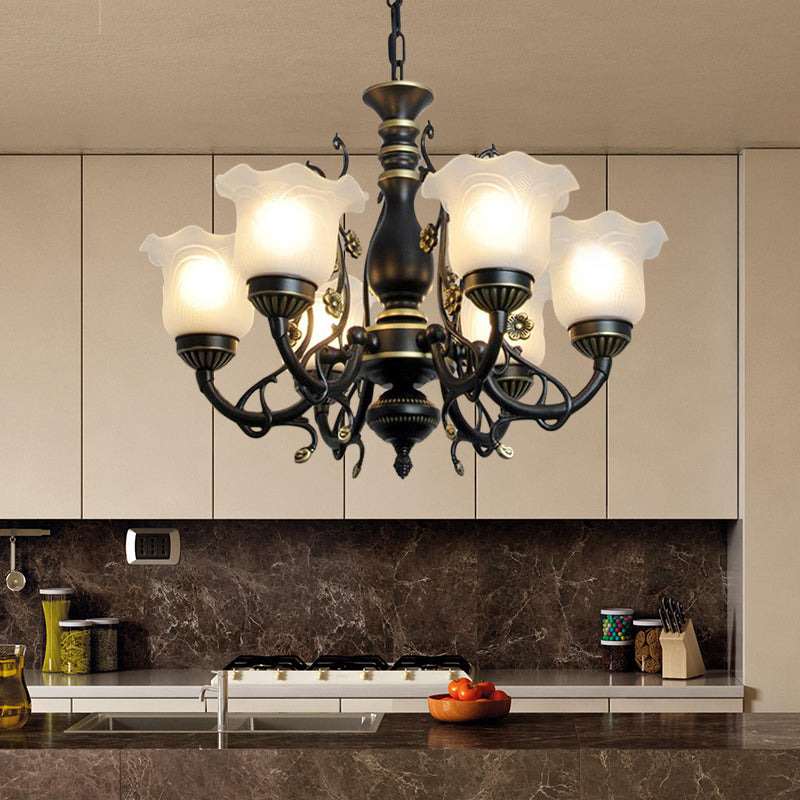 Frosted Textured Glass Flared Hanging Chandelier Traditional 3/5/6 Light Living Room Pendant Light in Black/White Clearhalo 'Ceiling Lights' 'Chandeliers' 'Glass shade' 'Glass' 'Pendant Lights' Lighting' 336062