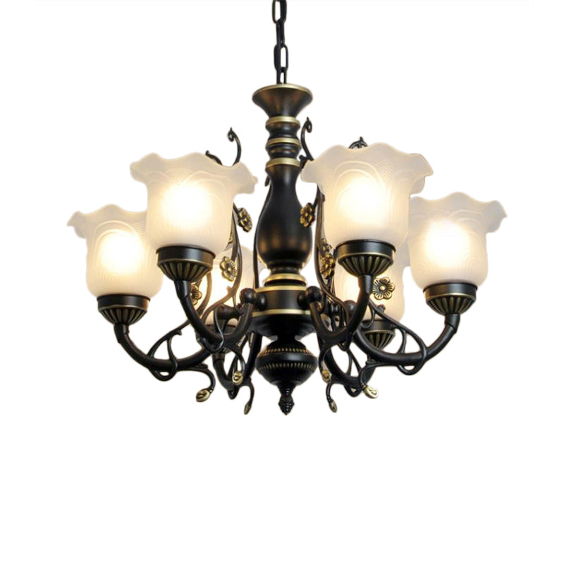 Frosted Textured Glass Flared Hanging Chandelier Traditional 3/5/6 Light Living Room Pendant Light in Black/White Clearhalo 'Ceiling Lights' 'Chandeliers' 'Glass shade' 'Glass' 'Pendant Lights' Lighting' 336063