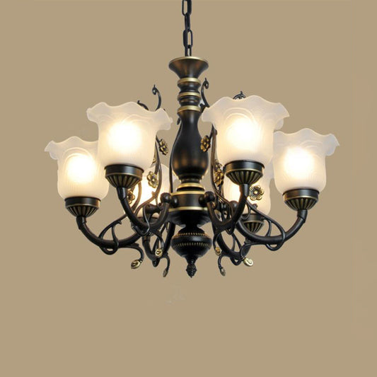 Frosted Textured Glass Flared Hanging Chandelier Traditional 3/5/6 Light Living Room Pendant Light in Black/White Clearhalo 'Ceiling Lights' 'Chandeliers' 'Glass shade' 'Glass' 'Pendant Lights' Lighting' 336064
