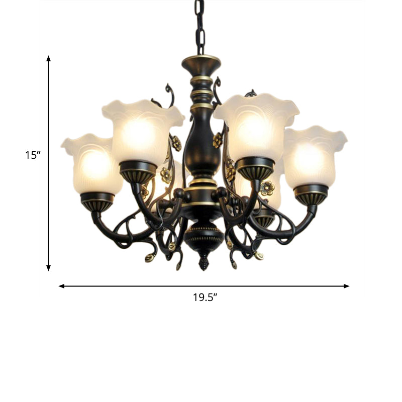 Frosted Textured Glass Flared Hanging Chandelier Traditional 3/5/6 Light Living Room Pendant Light in Black/White Clearhalo 'Ceiling Lights' 'Chandeliers' 'Glass shade' 'Glass' 'Pendant Lights' Lighting' 336065