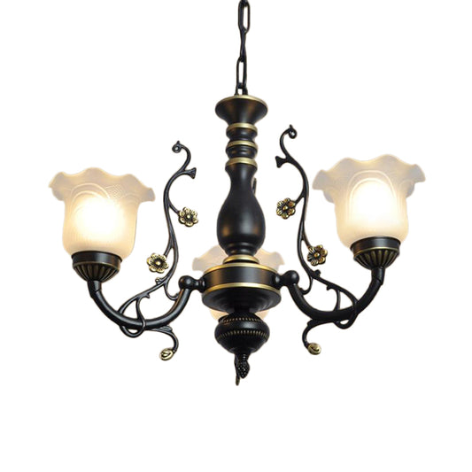 Frosted Textured Glass Flared Hanging Chandelier Traditional 3/5/6 Light Living Room Pendant Light in Black/White 3 Black Clearhalo 'Ceiling Lights' 'Chandeliers' 'Glass shade' 'Glass' 'Pendant Lights' Lighting' 336066