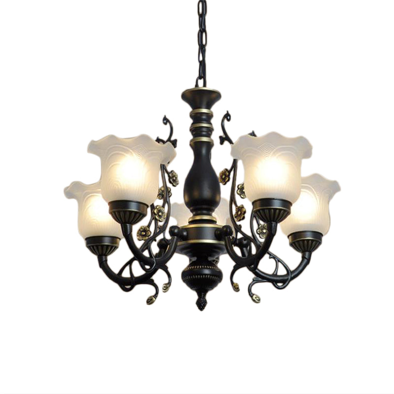 Frosted Textured Glass Flared Hanging Chandelier Traditional 3/5/6 Light Living Room Pendant Light in Black/White 5 Black Clearhalo 'Ceiling Lights' 'Chandeliers' 'Glass shade' 'Glass' 'Pendant Lights' Lighting' 336069