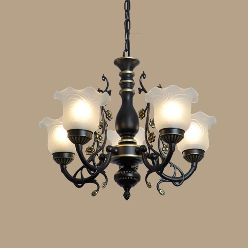 Frosted Textured Glass Flared Hanging Chandelier Traditional 3/5/6 Light Living Room Pendant Light in Black/White Clearhalo 'Ceiling Lights' 'Chandeliers' 'Glass shade' 'Glass' 'Pendant Lights' Lighting' 336070