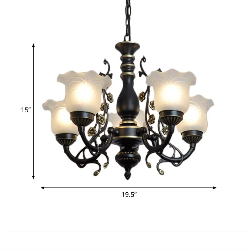 Frosted Textured Glass Flared Hanging Chandelier Traditional 3/5/6 Light Living Room Pendant Light in Black/White Clearhalo 'Ceiling Lights' 'Chandeliers' 'Glass shade' 'Glass' 'Pendant Lights' Lighting' 336071