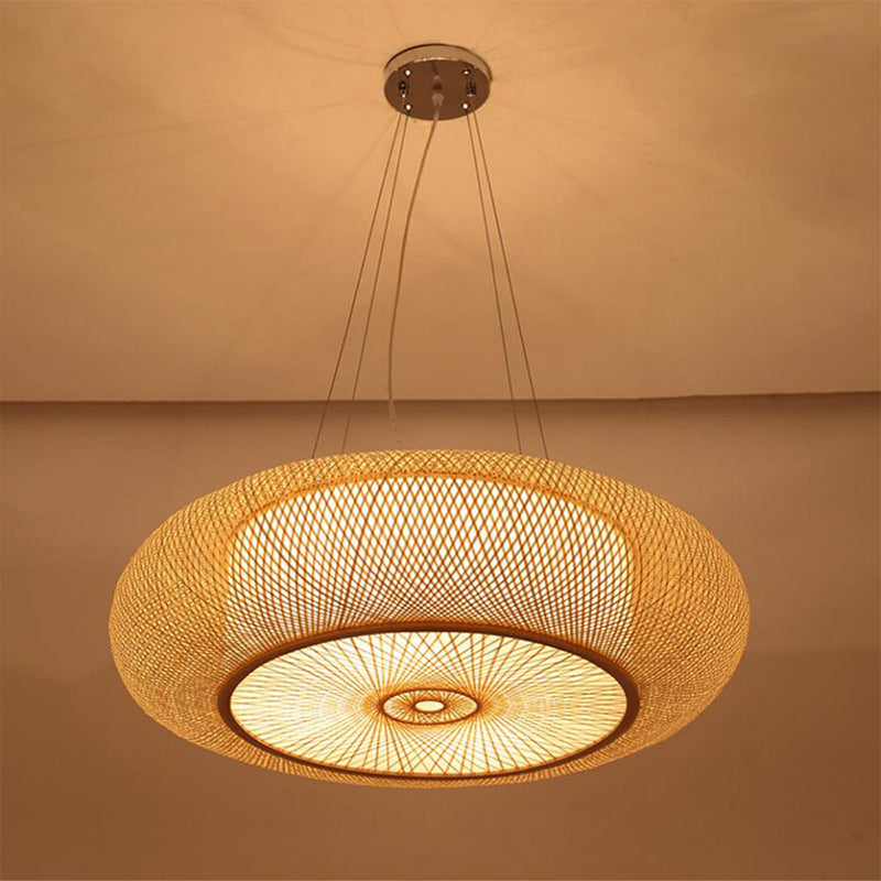 Curved Drum Pendant Lighting Tradition Bamboo 2/3 Bulbs 18"/23.5" Wide Wood Ceiling Hanging Light Wood Clearhalo 'Ceiling Lights' 'Modern Pendants' 'Modern' 'Pendant Lights' 'Pendants' Lighting' 336081