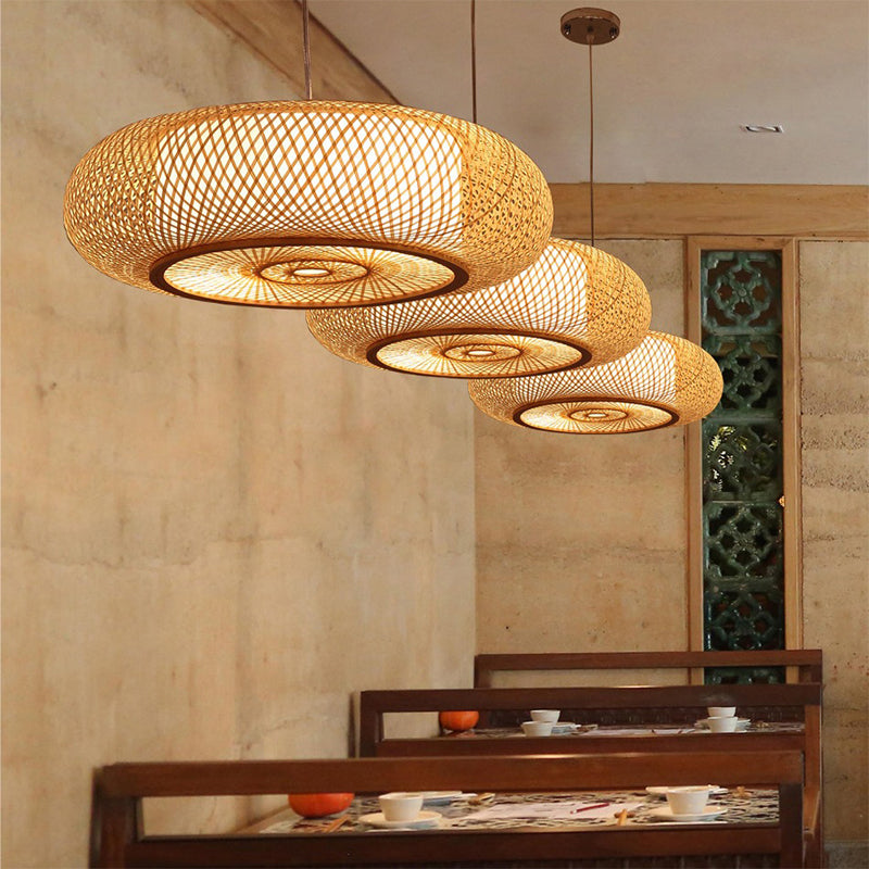 Curved Drum Pendant Lighting Tradition Bamboo 2/3 Bulbs 18"/23.5" Wide Wood Ceiling Hanging Light Clearhalo 'Ceiling Lights' 'Modern Pendants' 'Modern' 'Pendant Lights' 'Pendants' Lighting' 336083