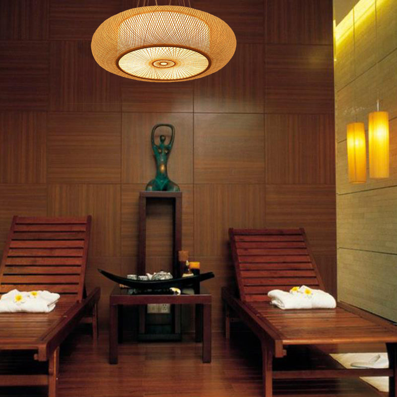 Curved Drum Pendant Lighting Tradition Bamboo 2/3 Bulbs 18"/23.5" Wide Wood Ceiling Hanging Light Clearhalo 'Ceiling Lights' 'Modern Pendants' 'Modern' 'Pendant Lights' 'Pendants' Lighting' 336084