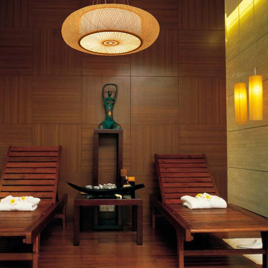 Curved Drum Pendant Lighting Tradition Bamboo 2/3 Bulbs 18"/23.5" Wide Wood Ceiling Hanging Light Clearhalo 'Ceiling Lights' 'Modern Pendants' 'Modern' 'Pendant Lights' 'Pendants' Lighting' 336084