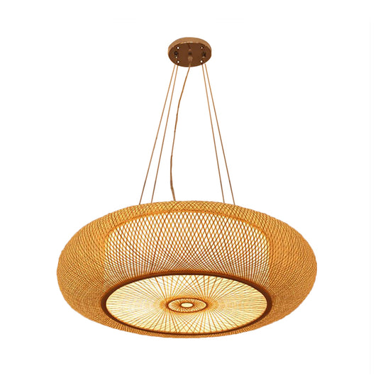 Curved Drum Pendant Lighting Tradition Bamboo 2/3 Bulbs 18"/23.5" Wide Wood Ceiling Hanging Light Clearhalo 'Ceiling Lights' 'Modern Pendants' 'Modern' 'Pendant Lights' 'Pendants' Lighting' 336085