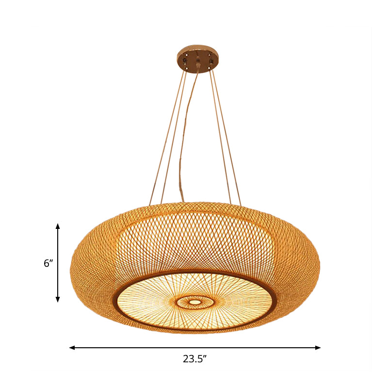 Curved Drum Pendant Lighting Tradition Bamboo 2/3 Bulbs 18"/23.5" Wide Wood Ceiling Hanging Light Clearhalo 'Ceiling Lights' 'Modern Pendants' 'Modern' 'Pendant Lights' 'Pendants' Lighting' 336087