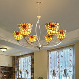 Sunflower/Leaf Chandelier Light Fixture 6/8 Lights Tiffany Hanging Lamp Kit in White/Orange for Living Room Clearhalo 'Ceiling Lights' 'Chandeliers' 'Close To Ceiling Lights' 'Industrial' 'Middle Century Chandeliers' 'Tiffany Chandeliers' 'Tiffany close to ceiling' 'Tiffany' Lighting' 336499