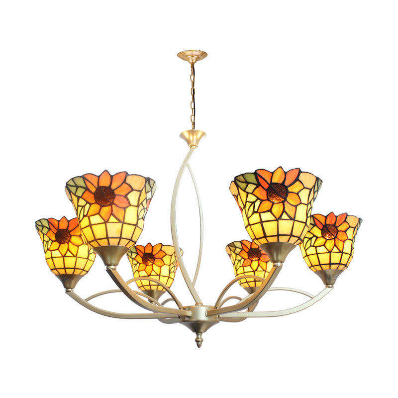 Sunflower/Leaf Chandelier Light Fixture 6/8 Lights Tiffany Hanging Lamp Kit in White/Orange for Living Room Clearhalo 'Ceiling Lights' 'Chandeliers' 'Close To Ceiling Lights' 'Industrial' 'Middle Century Chandeliers' 'Tiffany Chandeliers' 'Tiffany close to ceiling' 'Tiffany' Lighting' 336500