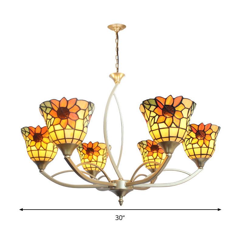 Sunflower/Leaf Chandelier Light Fixture 6/8 Lights Tiffany Hanging Lamp Kit in White/Orange for Living Room Clearhalo 'Ceiling Lights' 'Chandeliers' 'Close To Ceiling Lights' 'Industrial' 'Middle Century Chandeliers' 'Tiffany Chandeliers' 'Tiffany close to ceiling' 'Tiffany' Lighting' 336501
