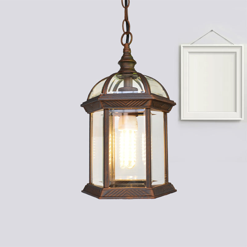 Black/Bronze/Gold Lantern Ceiling Hanging Light with Clear Glass Shade 1 Bulb 8"/9.5"/12" W Vintage Outdoor Lighting Clearhalo 'Ceiling Lights' 'Chandeliers' 'Glass shade' 'Glass' 'Industrial Pendants' 'Industrial' 'Middle Century Pendants' 'Pendant Lights' 'Pendants' 'Tiffany' Lighting' 336703