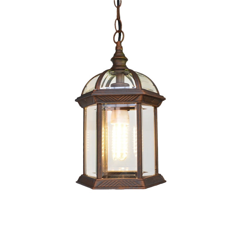 Black/Bronze/Gold Lantern Ceiling Hanging Light with Clear Glass Shade 1 Bulb 8"/9.5"/12" W Vintage Outdoor Lighting Clearhalo 'Ceiling Lights' 'Chandeliers' 'Glass shade' 'Glass' 'Industrial Pendants' 'Industrial' 'Middle Century Pendants' 'Pendant Lights' 'Pendants' 'Tiffany' Lighting' 336704