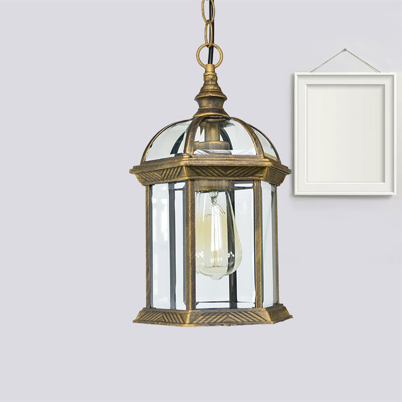 Black/Bronze/Gold Lantern Ceiling Hanging Light with Clear Glass Shade 1 Bulb 8"/9.5"/12" W Vintage Outdoor Lighting Gold Clearhalo 'Ceiling Lights' 'Chandeliers' 'Glass shade' 'Glass' 'Industrial Pendants' 'Industrial' 'Middle Century Pendants' 'Pendant Lights' 'Pendants' 'Tiffany' Lighting' 336706
