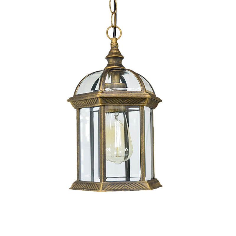 Black/Bronze/Gold Lantern Ceiling Hanging Light with Clear Glass Shade 1 Bulb 8"/9.5"/12" W Vintage Outdoor Lighting Clearhalo 'Ceiling Lights' 'Chandeliers' 'Glass shade' 'Glass' 'Industrial Pendants' 'Industrial' 'Middle Century Pendants' 'Pendant Lights' 'Pendants' 'Tiffany' Lighting' 336707