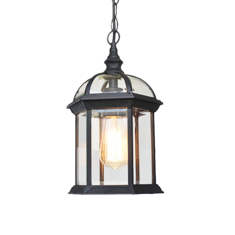 Black/Bronze/Gold Lantern Ceiling Hanging Light with Clear Glass Shade 1 Bulb 8"/9.5"/12" W Vintage Outdoor Lighting Clearhalo 'Ceiling Lights' 'Chandeliers' 'Glass shade' 'Glass' 'Industrial Pendants' 'Industrial' 'Middle Century Pendants' 'Pendant Lights' 'Pendants' 'Tiffany' Lighting' 336710
