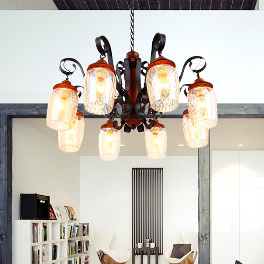 8 Lights Dimple Glass Chandelier Antiqued Black Curved Arm Living Room Ceiling Pendant Light Black Clearhalo 'Ceiling Lights' 'Chandeliers' 'Glass shade' 'Glass' 'Industrial Chandeliers' 'Industrial' 'Middle Century Chandeliers' 'Tiffany' Lighting' 337399