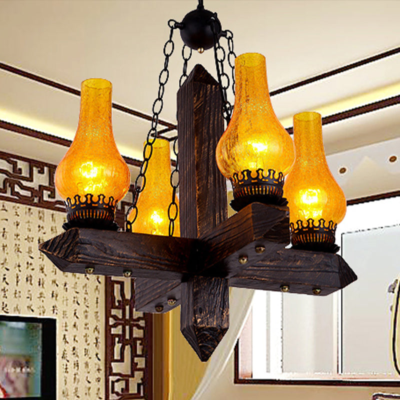 Amber Crackle Glass Vase Chandelier Lighting Farmhouse 5 Lights Dining Room Pendant with Metal Frame Clearhalo 'Cast Iron' 'Ceiling Lights' 'Chandeliers' 'Industrial Chandeliers' 'Industrial' 'Metal' 'Middle Century Chandeliers' 'Rustic Chandeliers' 'Tiffany' Lighting' 337415