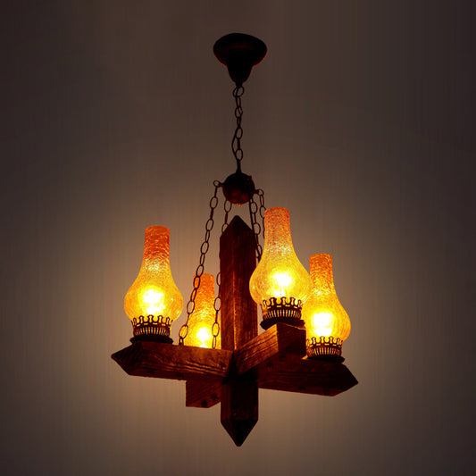 Amber Crackle Glass Vase Chandelier Lighting Farmhouse 5 Lights Dining Room Pendant with Metal Frame Clearhalo 'Cast Iron' 'Ceiling Lights' 'Chandeliers' 'Industrial Chandeliers' 'Industrial' 'Metal' 'Middle Century Chandeliers' 'Rustic Chandeliers' 'Tiffany' Lighting' 337416