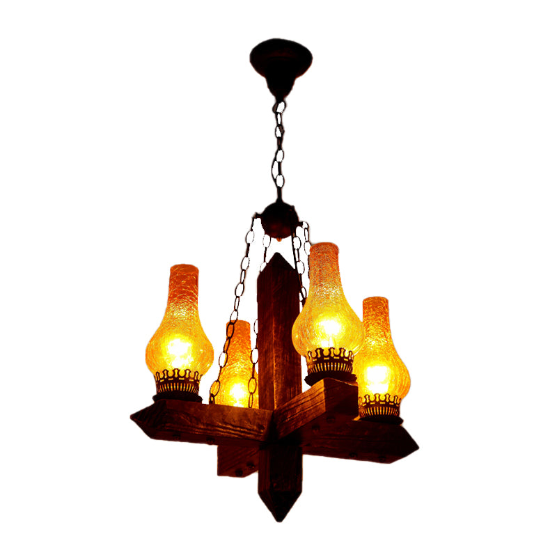 Amber Crackle Glass Vase Chandelier Lighting Farmhouse 5 Lights Dining Room Pendant with Metal Frame Clearhalo 'Cast Iron' 'Ceiling Lights' 'Chandeliers' 'Industrial Chandeliers' 'Industrial' 'Metal' 'Middle Century Chandeliers' 'Rustic Chandeliers' 'Tiffany' Lighting' 337417