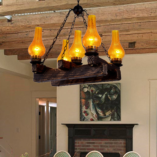 Vase Amber Crackle Glass Chandelier Antiqued 5 Lights Restaurant Hanging Light Fixture in Dark Wood Dark Wood Clearhalo 'Ceiling Lights' 'Chandeliers' 'Glass shade' 'Glass' 'Industrial Chandeliers' 'Industrial' 'Middle Century Chandeliers' 'Tiffany' Lighting' 337437