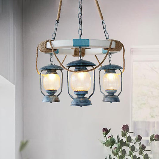 3 Lights Chandelier Lighting Factory Lantern Clear Glass Hanging Light Fixture in Blue Clearhalo 'Ceiling Lights' 'Chandeliers' 'Glass shade' 'Glass' 'Industrial Chandeliers' 'Industrial' 'Middle Century Chandeliers' 'Tiffany' Lighting' 337454