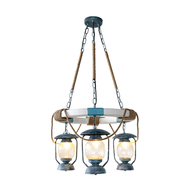 3 Lights Chandelier Lighting Factory Lantern Clear Glass Hanging Light Fixture in Blue Clearhalo 'Ceiling Lights' 'Chandeliers' 'Glass shade' 'Glass' 'Industrial Chandeliers' 'Industrial' 'Middle Century Chandeliers' 'Tiffany' Lighting' 337455