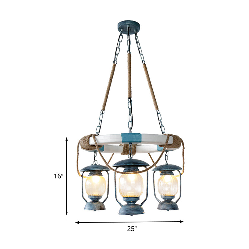 3 Lights Chandelier Lighting Factory Lantern Clear Glass Hanging Light Fixture in Blue Clearhalo 'Ceiling Lights' 'Chandeliers' 'Glass shade' 'Glass' 'Industrial Chandeliers' 'Industrial' 'Middle Century Chandeliers' 'Tiffany' Lighting' 337456
