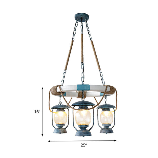 3 Lights Chandelier Lighting Factory Lantern Clear Glass Hanging Light Fixture in Blue Clearhalo 'Ceiling Lights' 'Chandeliers' 'Glass shade' 'Glass' 'Industrial Chandeliers' 'Industrial' 'Middle Century Chandeliers' 'Tiffany' Lighting' 337456