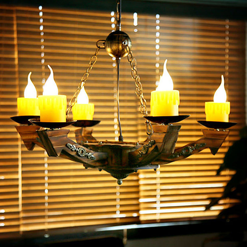6 Lights Candle Chandelier Lamp Farmhouse Dark Wood Resin Pendant Lighting for Restaurant Dark Wood Clearhalo 'Carpenter Chandeliers' 'Ceiling Lights' 'Chandeliers' 'Industrial Chandeliers' 'Industrial' 'Middle Century Chandeliers' 'Modern' 'Tiffany' Lighting' 337458