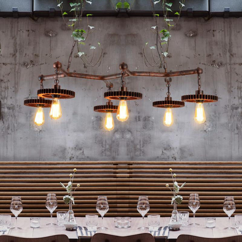 Open Bulb Metal Island Lamp Factory 6 Lights Dining Room Pendant Lighting in Rust with Gear Deco Rust Clearhalo 'Ceiling Lights' 'Island Lights' Lighting' 337475
