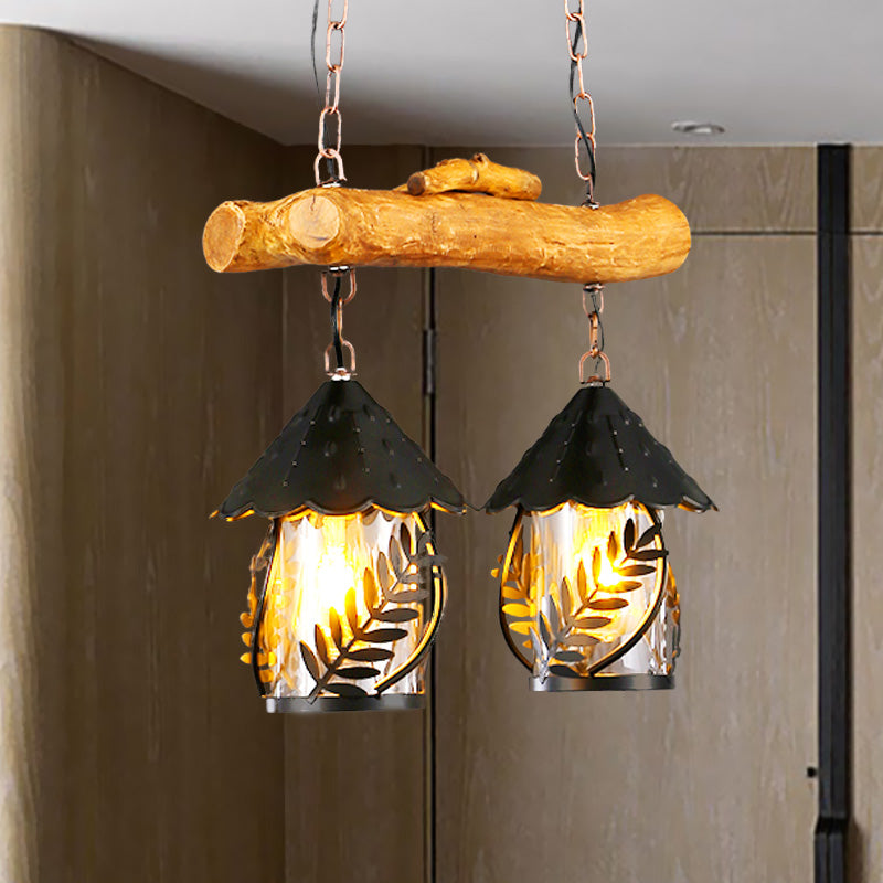 3 Lights Restaurant Island Lighting Idea Farmhouse Black Hanging Lamp with Cylinder White Fabric/Clear Glass Shade Clearhalo 'Ceiling Lights' 'Island Lights' Lighting' 337629