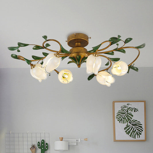 Tulip White/Yellow Glass Semi Flush Light Fixture Traditional 6 Lights Dining Room Ceiling Mount Chandelier in Brass White Clearhalo 'Ceiling Lights' 'Close To Ceiling Lights' 'Close to ceiling' 'Glass shade' 'Glass' 'Semi-flushmount' Lighting' 337802